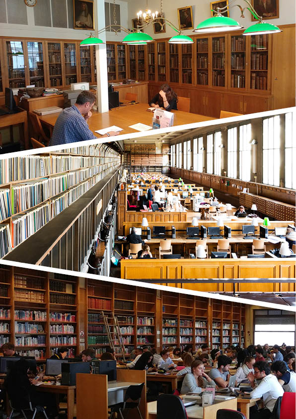 BIU Santé Médecine: salle de la Réserve et grande salle de lecture. BIU Santé Pharmacie: salle Dorveaux.